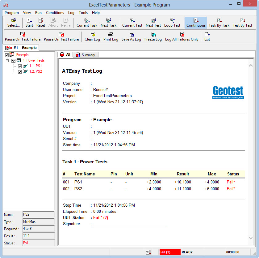 Excel Spreadsheet with ATEasy Test Parameters Test Log